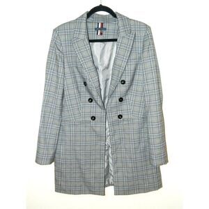 Tommy Hilfiger Blazer Size 12 Women Gray Plaid Lined  Long Double Breasted‎
